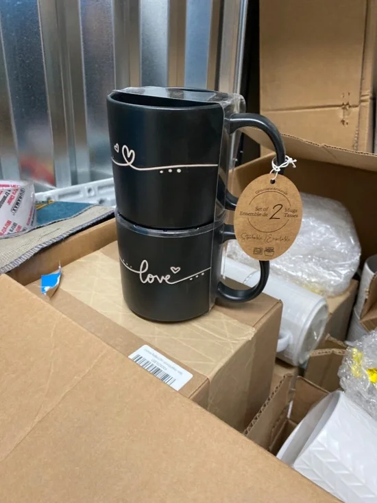 Potter's Corner Set of 2 Stackable Mugs Black Matte Love & Hearts NEW - Picture 3 of 3